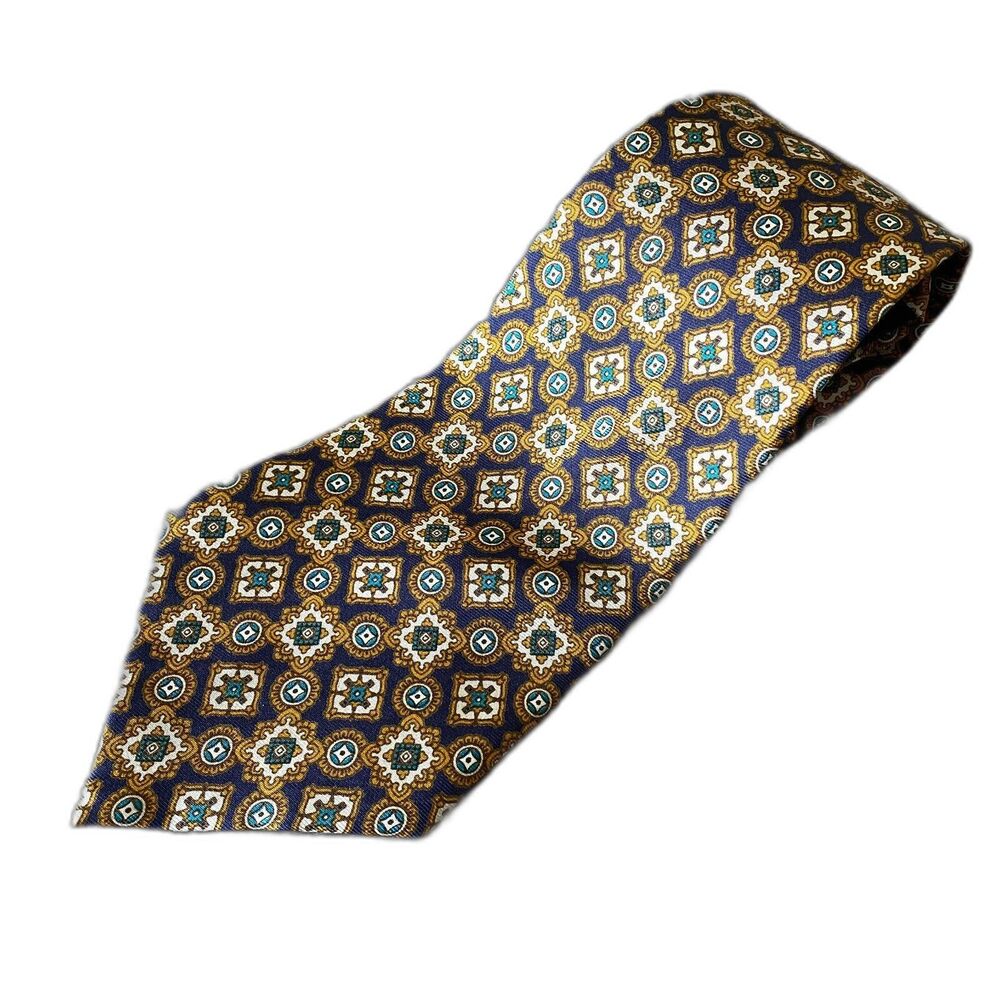 BOWRING ARUNDEL VTG Men's Necktie Made In England 100% Silk Tie Blue Gold Office